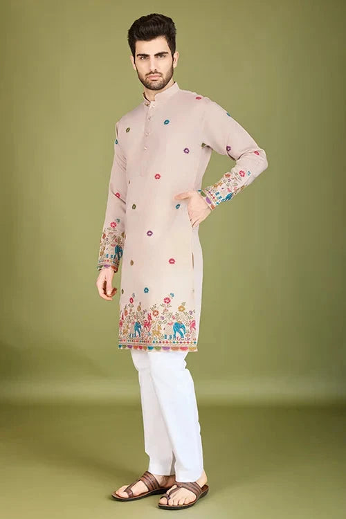 Ivory Viscose Silk Men's Kurta with Thread Work