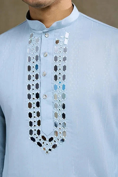 Sky Blue Designer Men's Kurta with Real Mirror Work