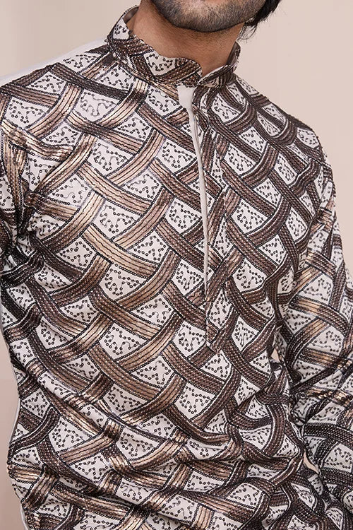 Stylish Beige Men's Kurta with Intricate Thread Detailing