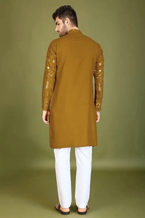 Yellow Viscose Rayon Men's Kurta with Thread & Sequence Work