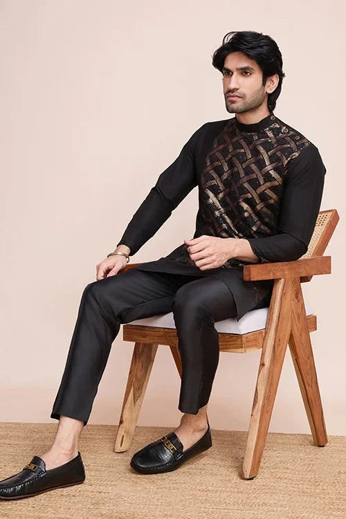 Black Silk Embroidered Work Designer Men's Wear Kurta