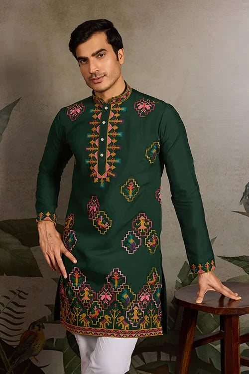 Embroidered Look Wedding Green Kurta for Men
