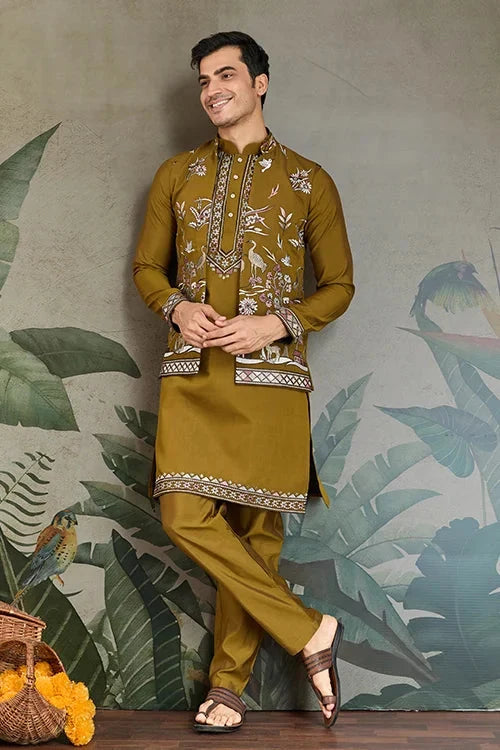 Golden Olive Open Koti Style Kurta Pajama Set for Men
