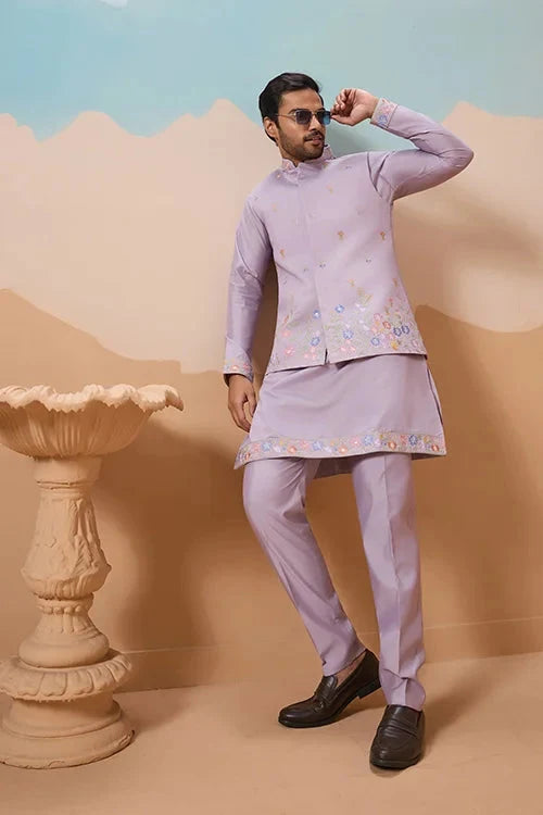 Trendy Lavender Wedding Celebration Beige Kurta Koti Pant Mens