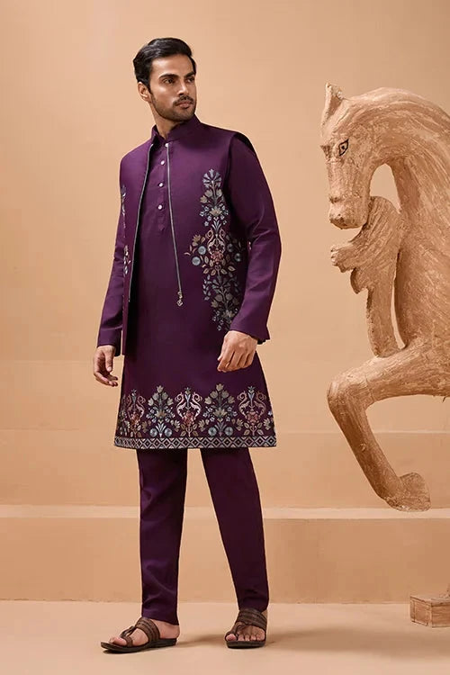 Vibrant Purple Color Koti Kurta Set Pair for Men Collection