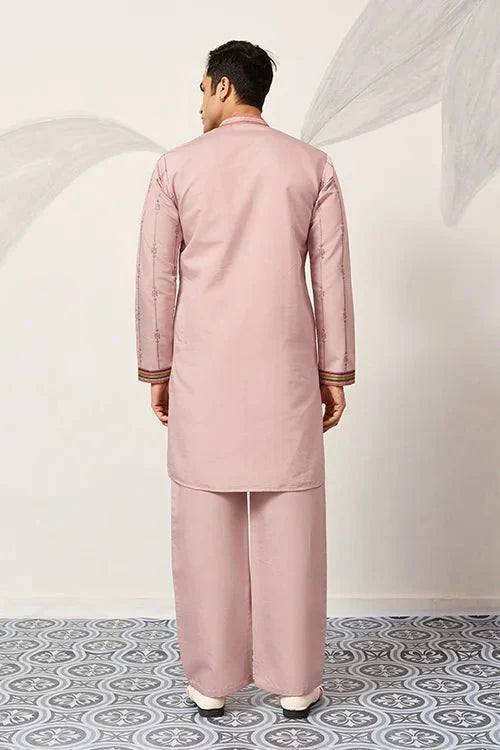 Classic Pink Embroidered V Neck Kurta Pant Outfit for Mens Wear