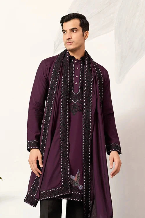 Purple Wedding Special Kurta with Dupatta for Mens Wear
