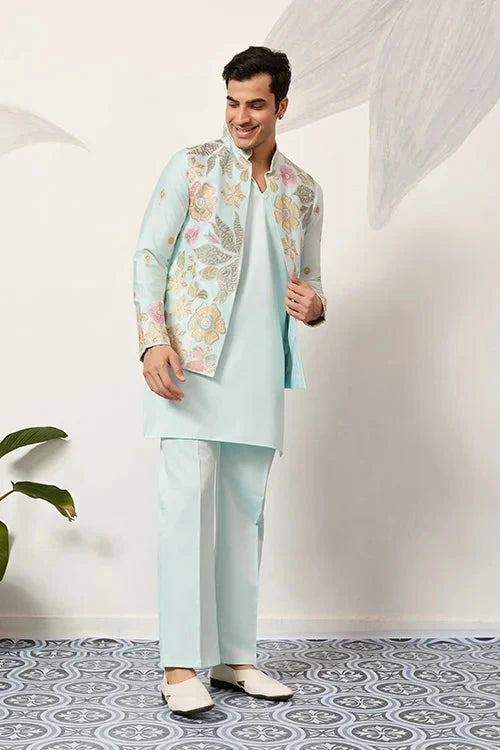 Luxury Wedding & Carnival Wear Pista Green Koti Kurta for Men