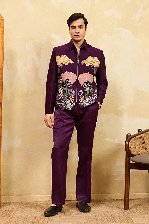 Wine Embroidery Bomber Jacket with Matching Pants for Mens Wear