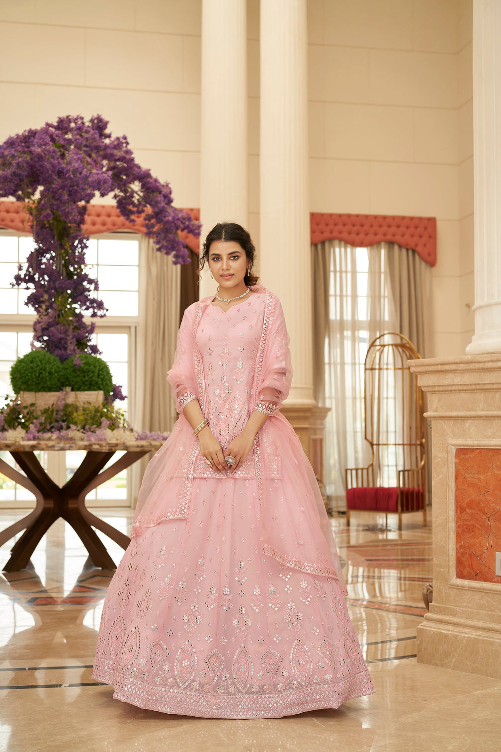 Pink Embroidered Thread Work Semi Stitched Georgette Lehenga & Unstitched Blouse With Dupatta