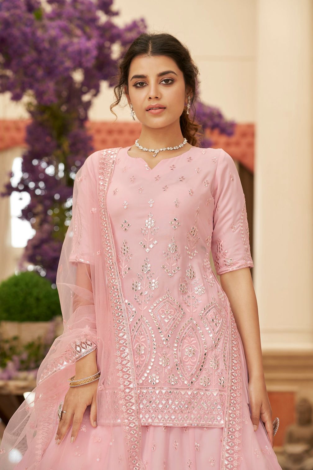 Pink Embroidered Thread Work Semi Stitched Georgette Lehenga & Unstitched Blouse With Dupatta