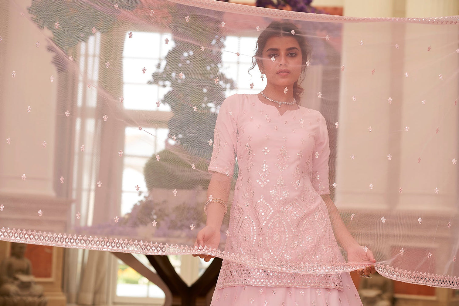 Pink Embroidered Thread Work Semi Stitched Georgette Lehenga & Unstitched Blouse With Dupatta
