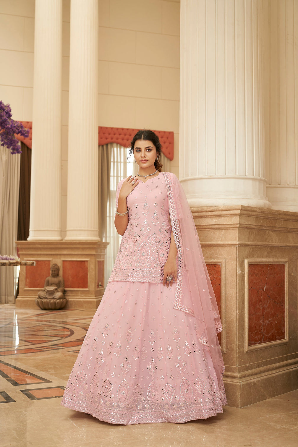 Pink Embroidered Thread Work Semi Stitched Georgette Lehenga & Unstitched Blouse With Dupatta