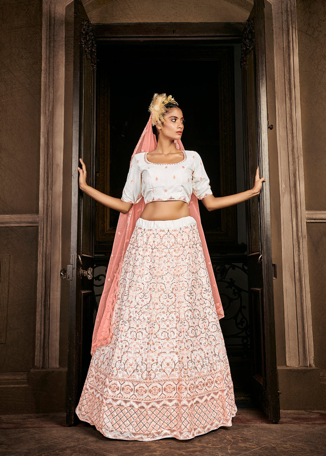 Mesmerizing Pearl White Sequins Embroidered Georgette Wedding Lehenga