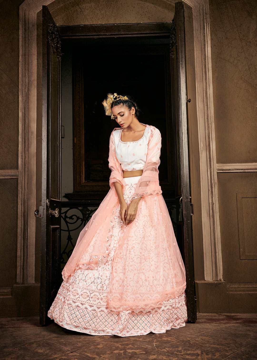 Mesmerizing Pearl White Sequins Embroidered Georgette Wedding Lehenga