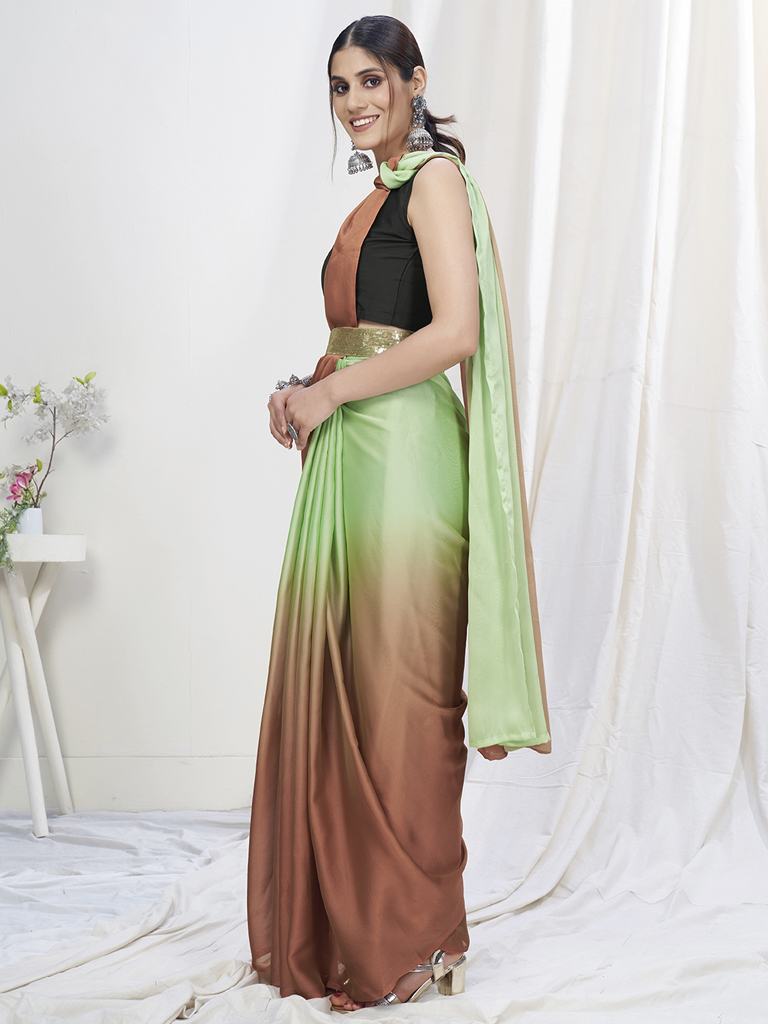 Mint Green-Brown Ready to Wear One Minute Lycra Saree