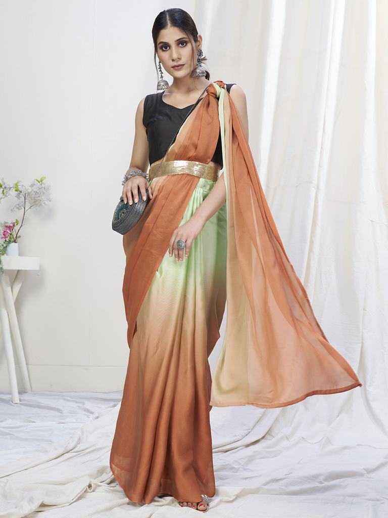 Mint Green-Brown Ready to Wear One Minute Lycra Saree