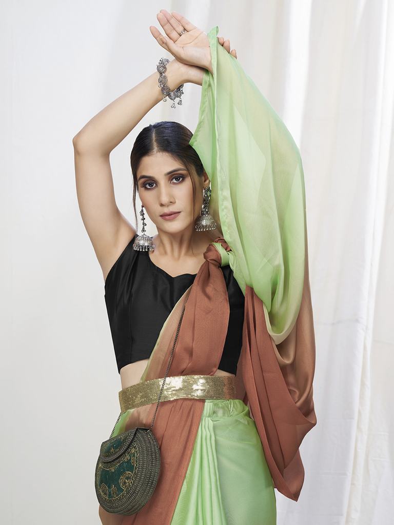 Mint Green-Brown Ready to Wear One Minute Lycra Saree