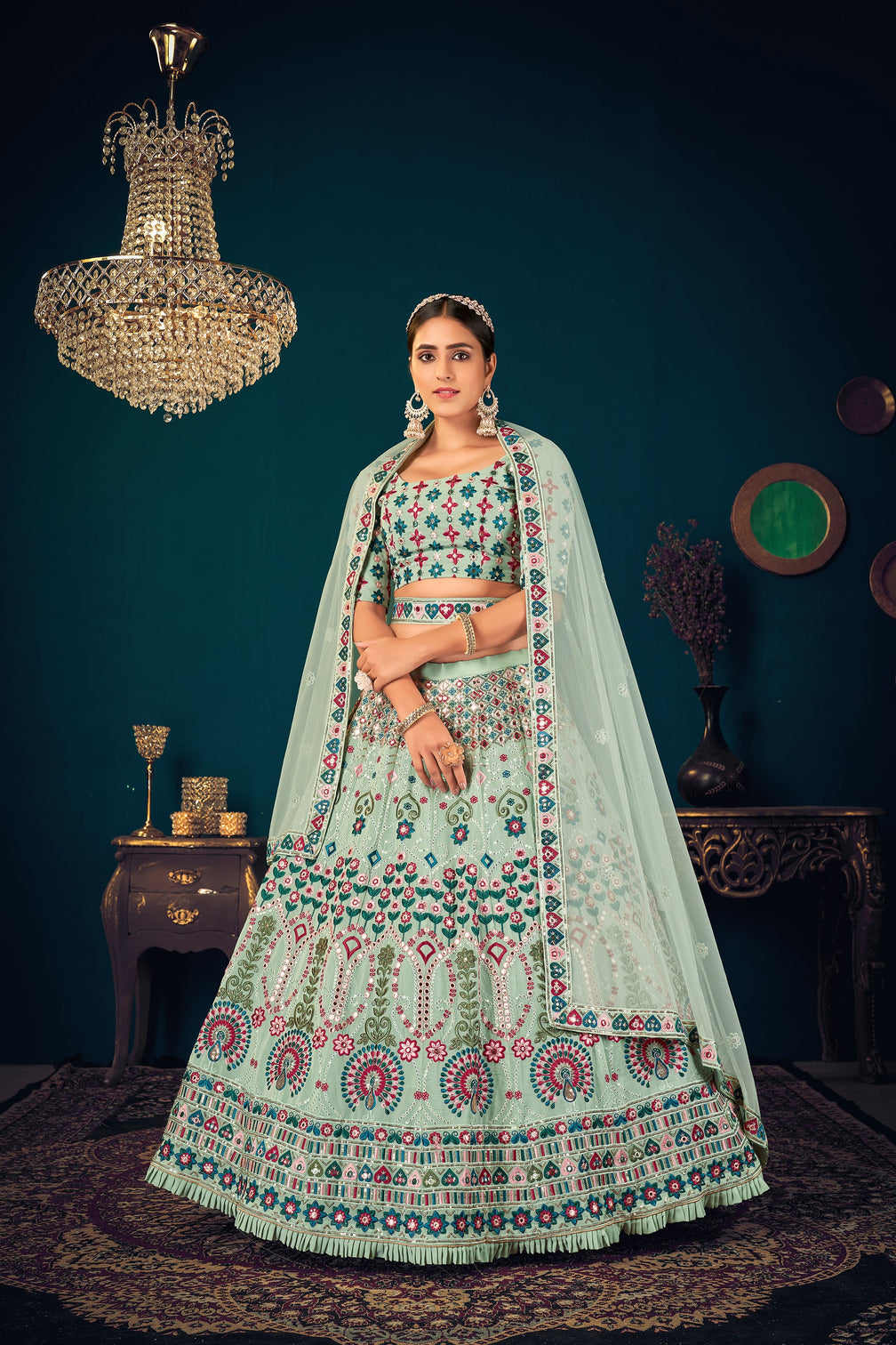 Mint Green Georgette Embroidered Designer Indian Lehenga