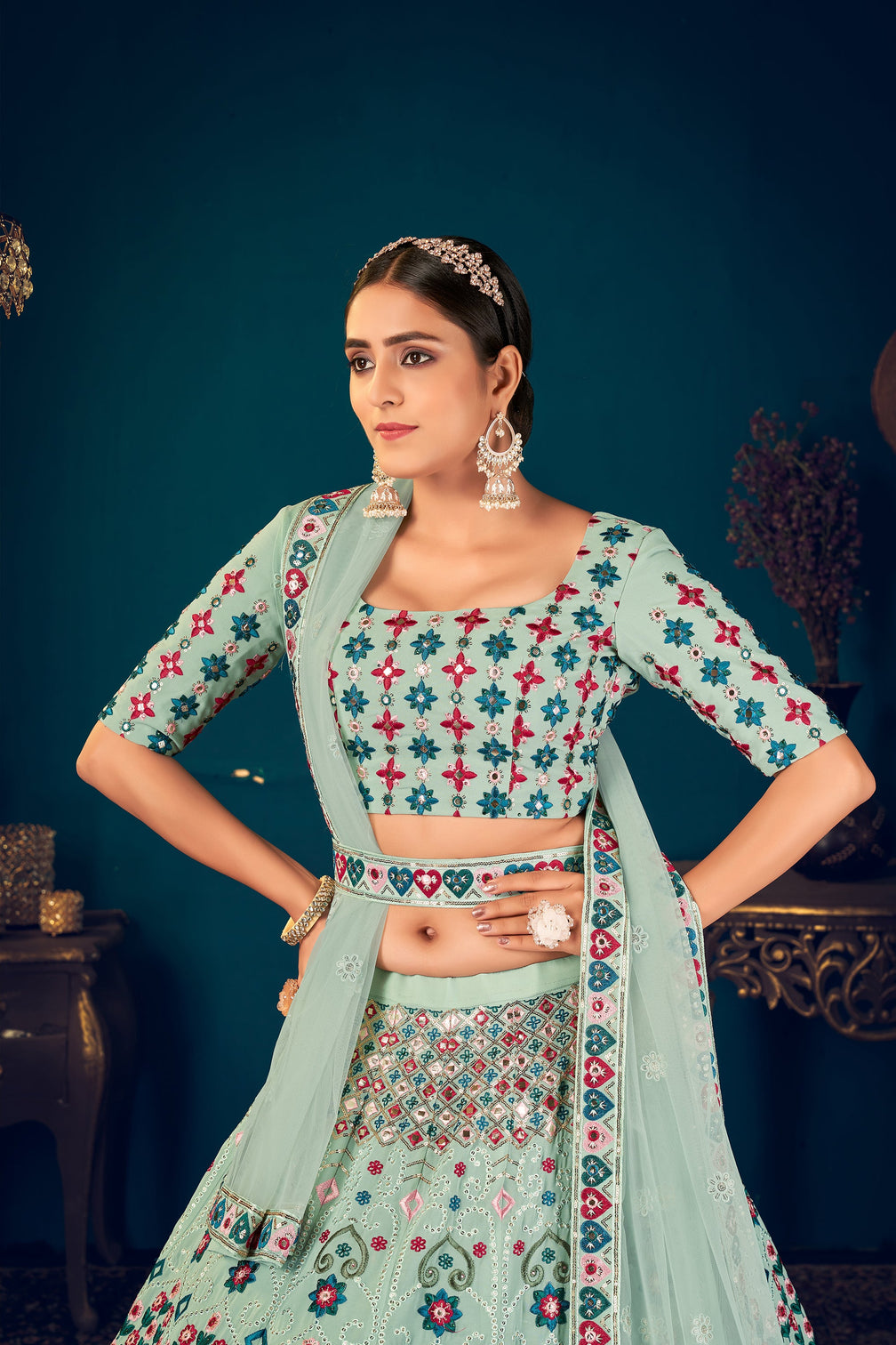 Mint Green Georgette Embroidered Designer Indian Lehenga