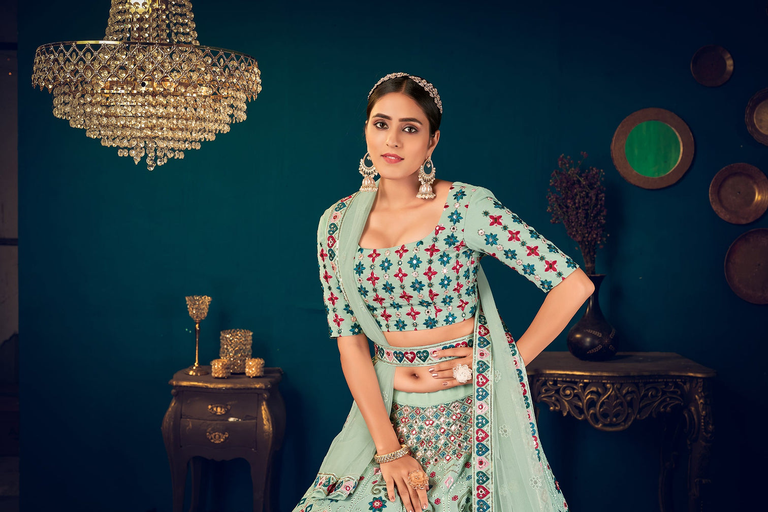 Mint Green Georgette Embroidered Designer Indian Lehenga