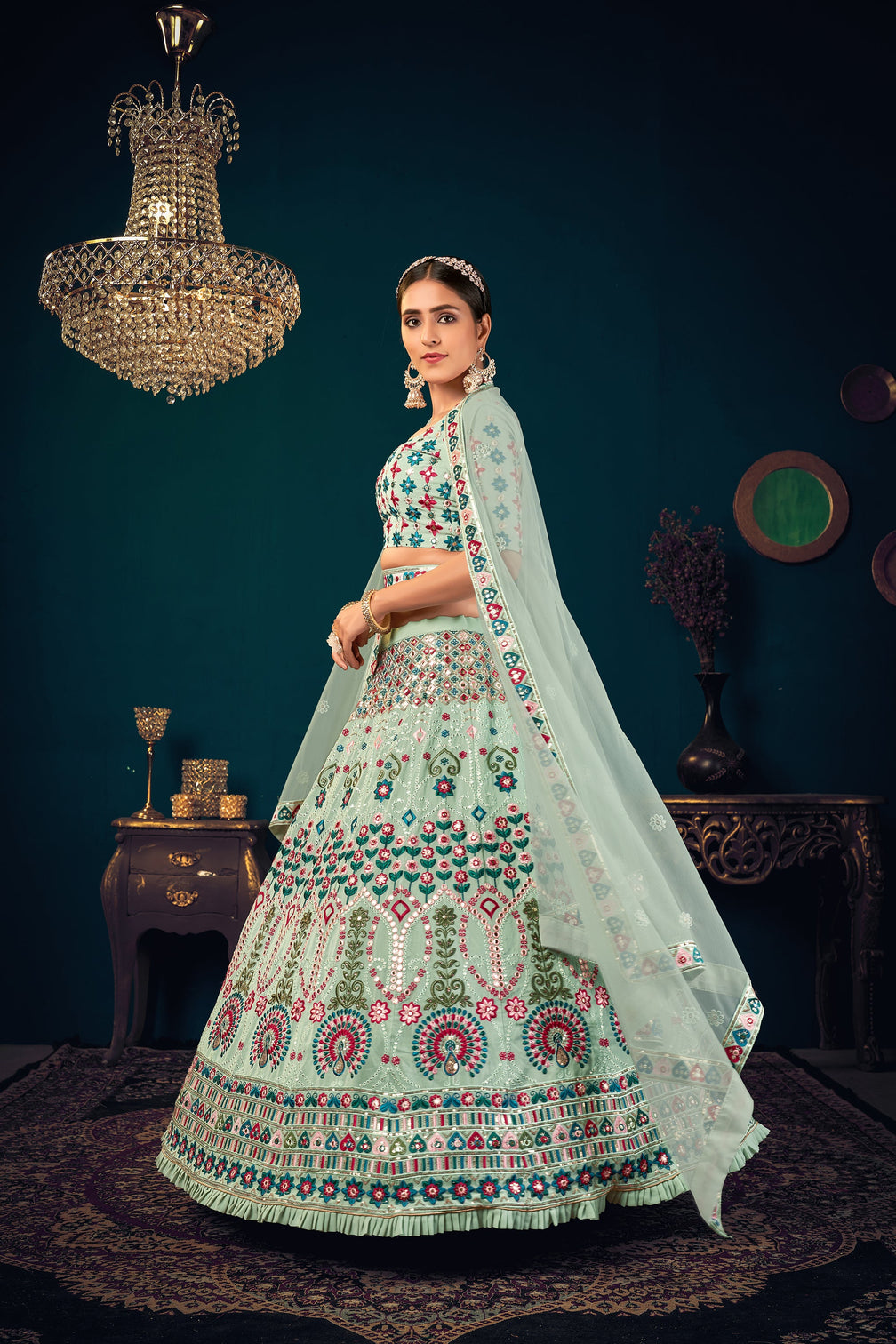 Mint Green Georgette Embroidered Designer Indian Lehenga