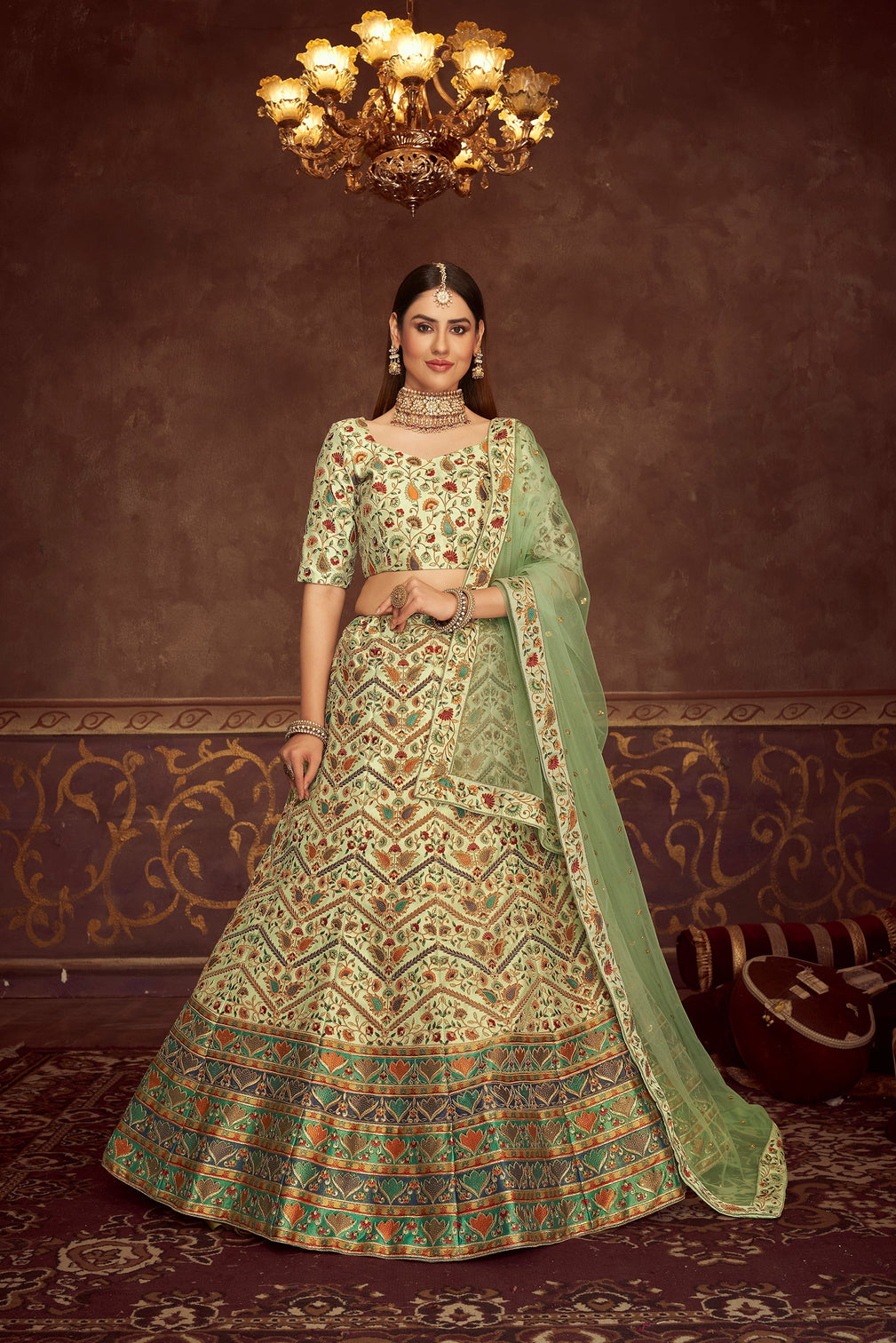 Mint Green Lehenga Choli With Embroidery With Print And Swarovski Work For Indian Wedding, Mehendi, Haldi And Traditional Functions Wearing