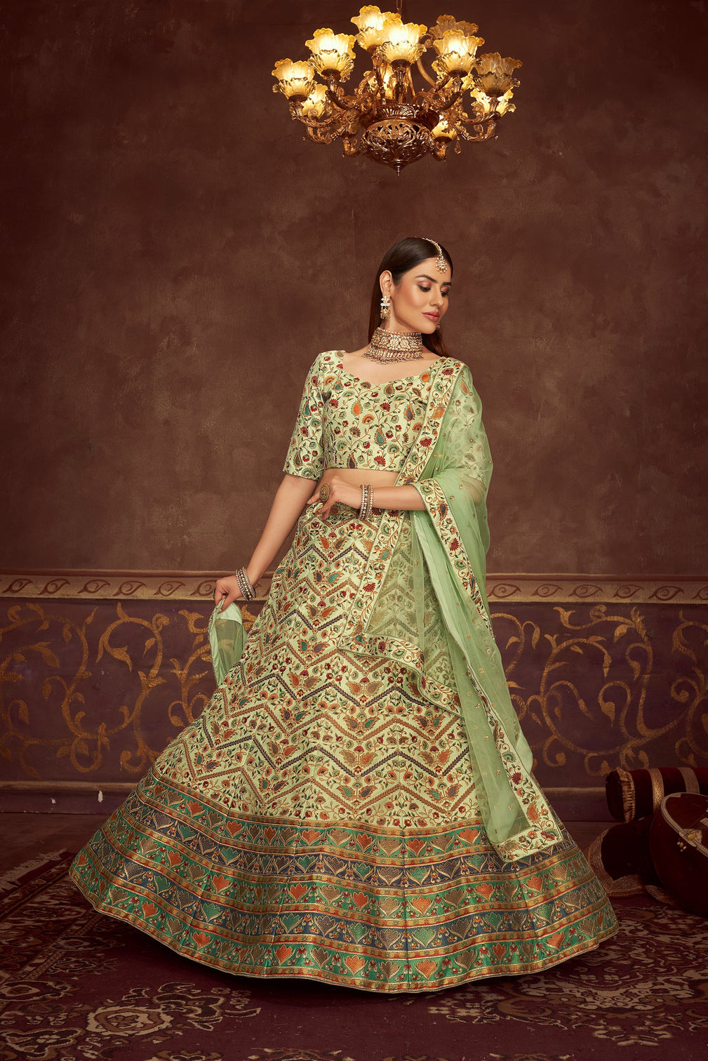 Mint Green Lehenga Choli With Embroidery With Print And Swarovski Work For Indian Wedding, Mehendi, Haldi And Traditional Functions Wearing