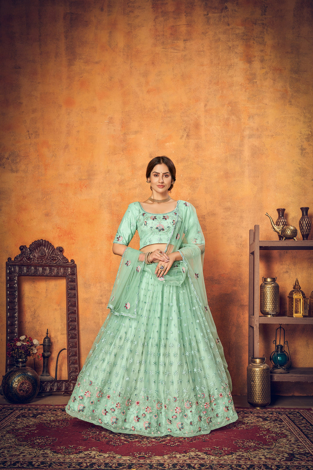 Mint Green Thread Embroidered Net Festival Lehenga Choli