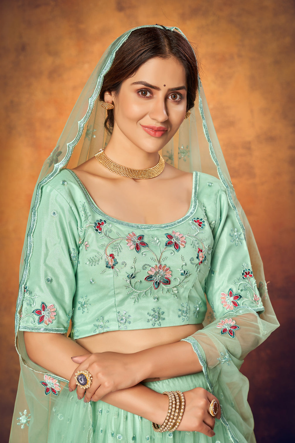 Mint Green Thread Embroidered Net Festival Lehenga Choli