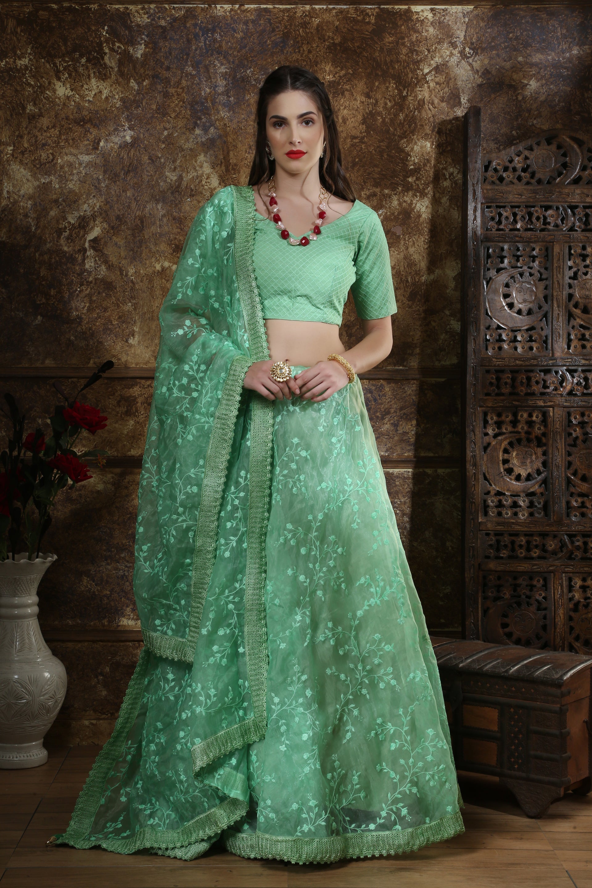 Mint Green Thread Embroidery Organza Silk Festive Wear Lehenga Choli With Dupatta