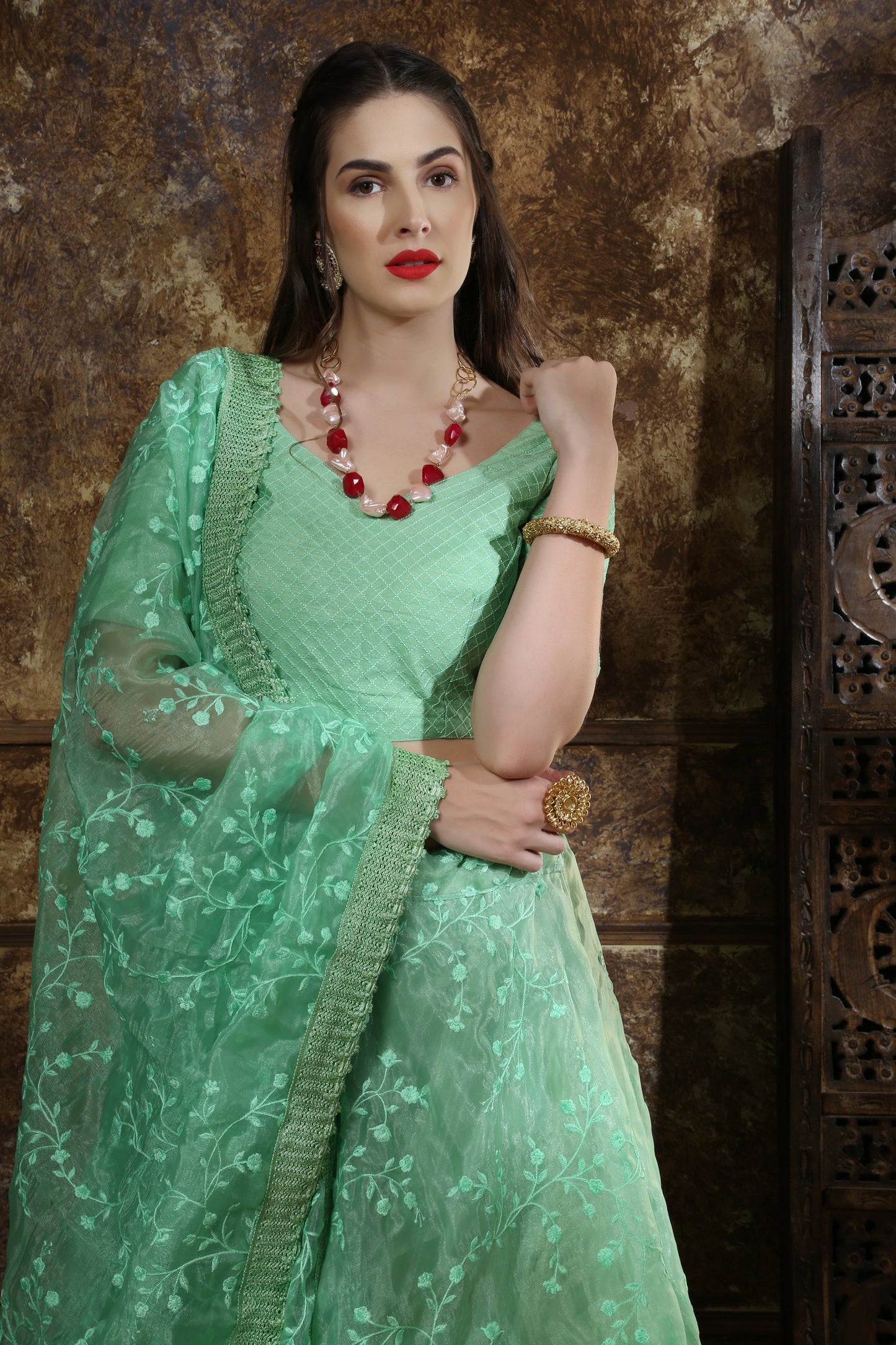Mint Green Thread Embroidery Organza Silk Festive Wear Lehenga Choli With Dupatta