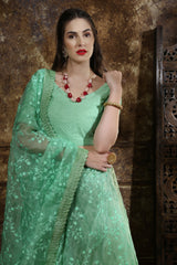 Mint Green Thread Embroidery Organza Silk Festive Wear Lehenga Choli With Dupatta