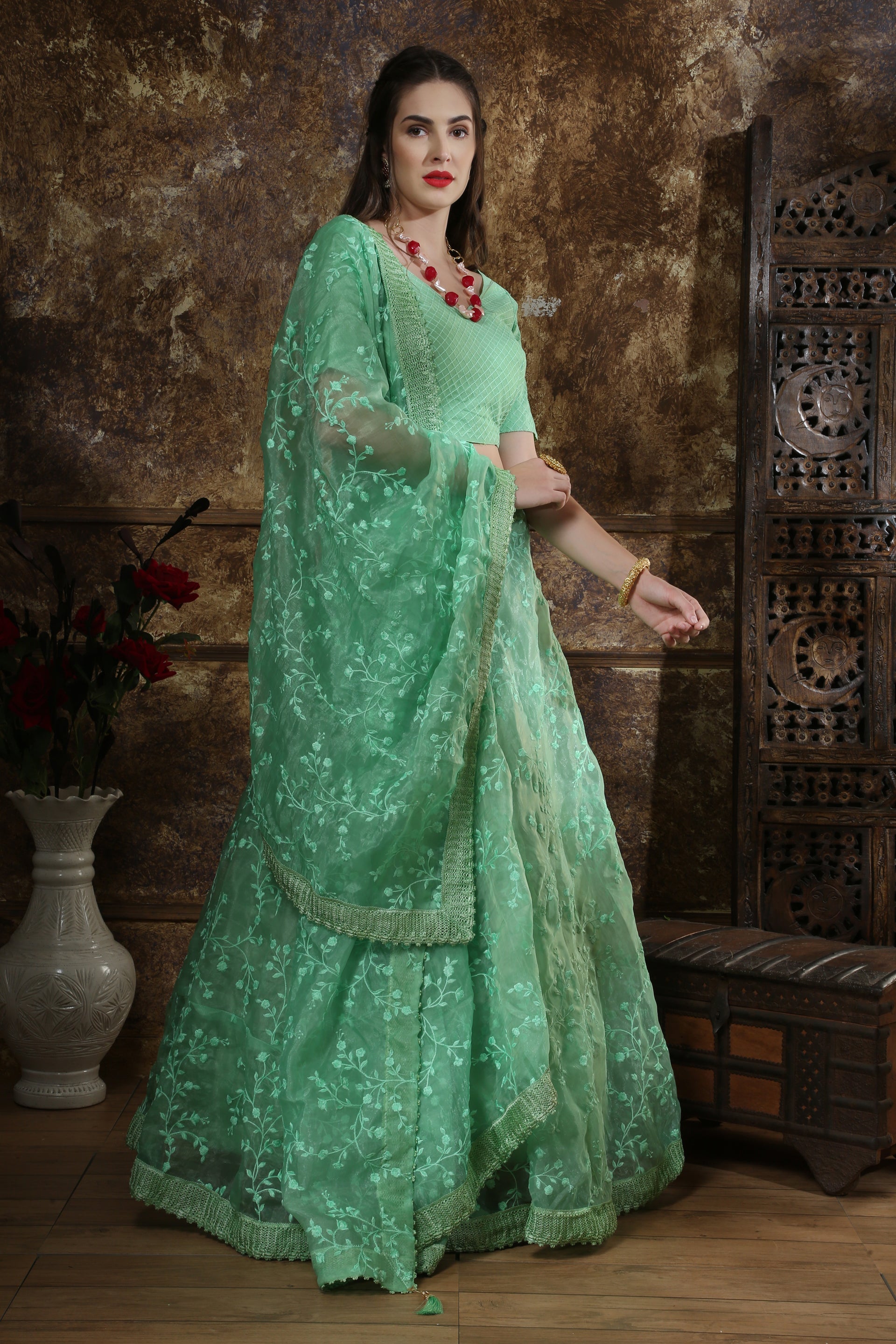 Mint Green Thread Embroidery Organza Silk Festive Wear Lehenga Choli With Dupatta