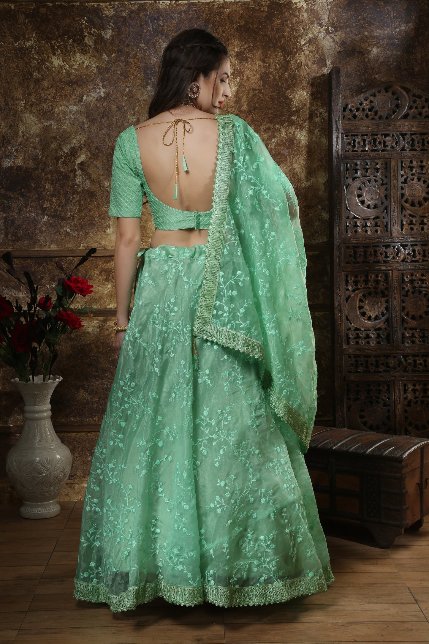 Mint Green Thread Embroidery Organza Silk Festive Wear Lehenga Choli With Dupatta