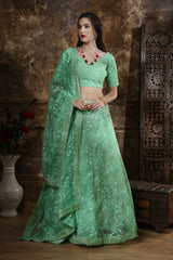 Mint Green Thread Embroidery Organza Silk Festive Wear Lehenga Choli With Dupatta