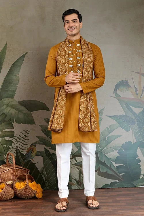 Wedding Special Mustard Mirror Kurta Set with Dupatta for Men