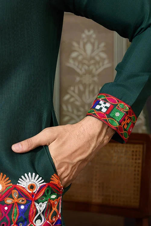 Navratri Style Green Cotton Readymade Kurta for Men