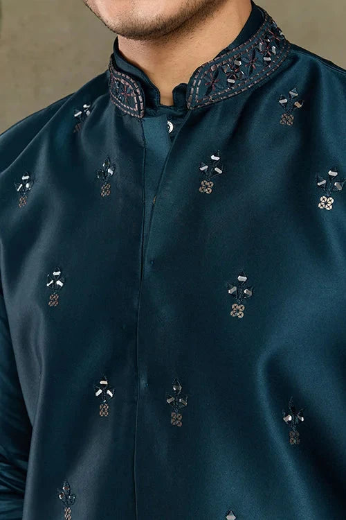 Teal Blue Embroidered Kurta Koti Set for Men