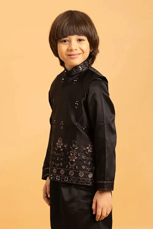Traditional Black Mirror Work Koti Kurta Set for Boys