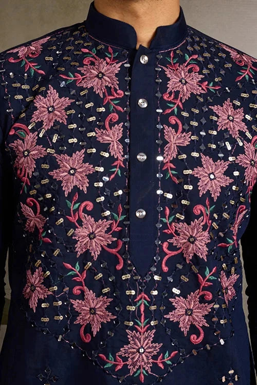 Wedding Special Navy Blue Embroidered Mens Kurta Set