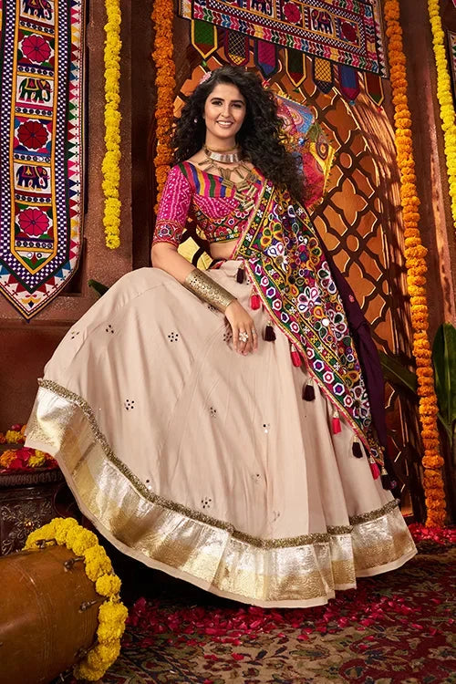 Navratri Special Beige Mirror Work Chaniya Choli