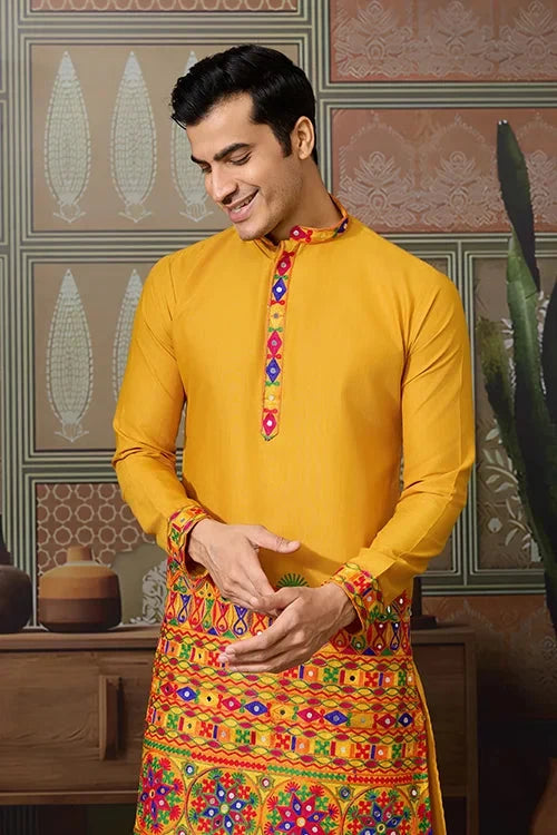 Classic Yellow Cotton Mens Ready to Wear Kurta for Navratri
