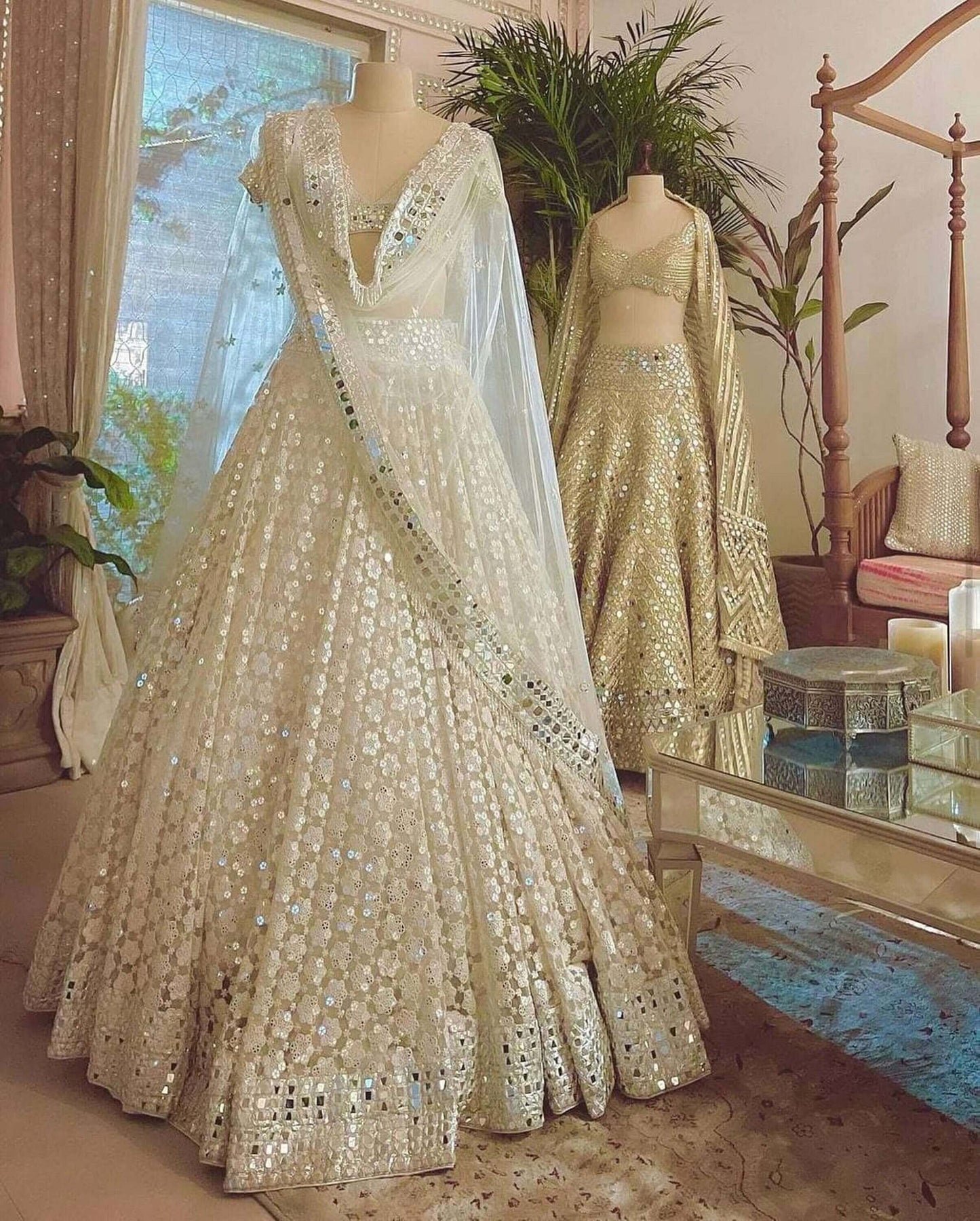 Mirror Work Georgette Elegant Off-White Lehenga Choli