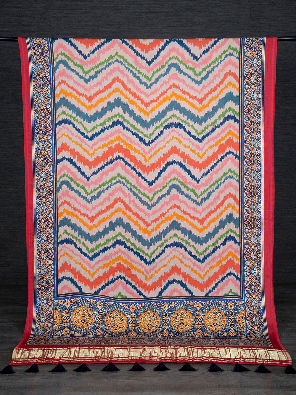 Multi Color Digital Printed Pure Gaji Silk Dupatta With Tassels
