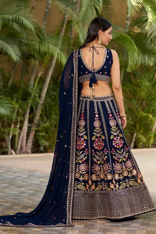 Navy Blue Embroidered Lehenga Choli with Dupatta
