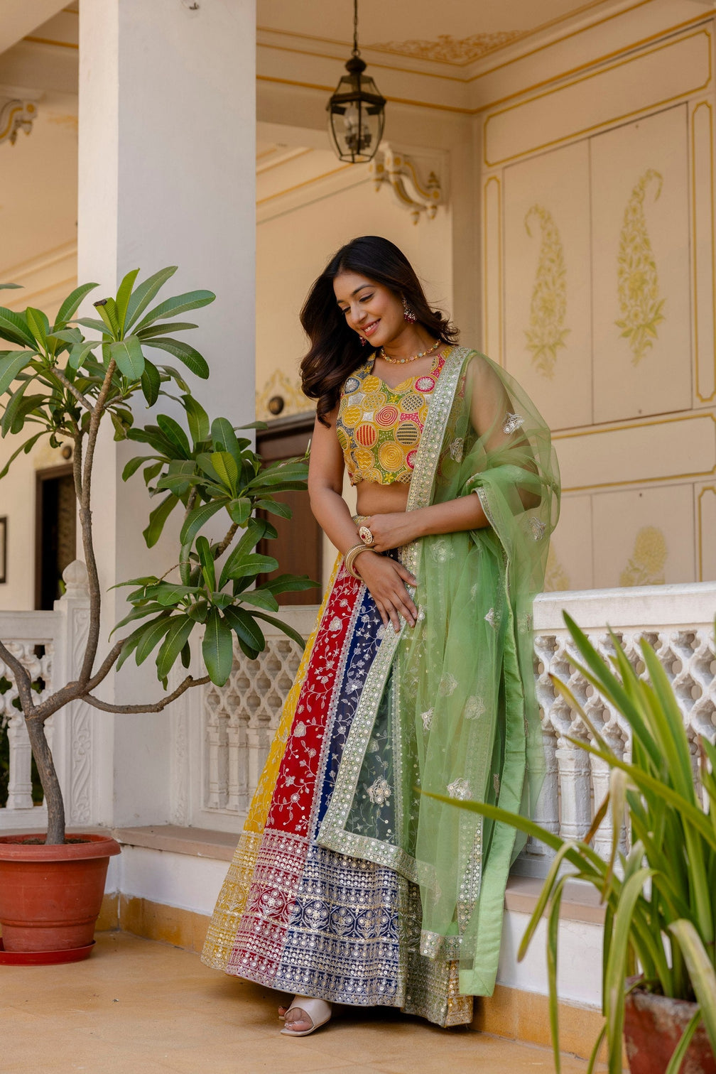 Multi Colour Faux Georgette Sequins Embroidered Lehenga Set with Designer Net Dupatta – Semi-Stitche