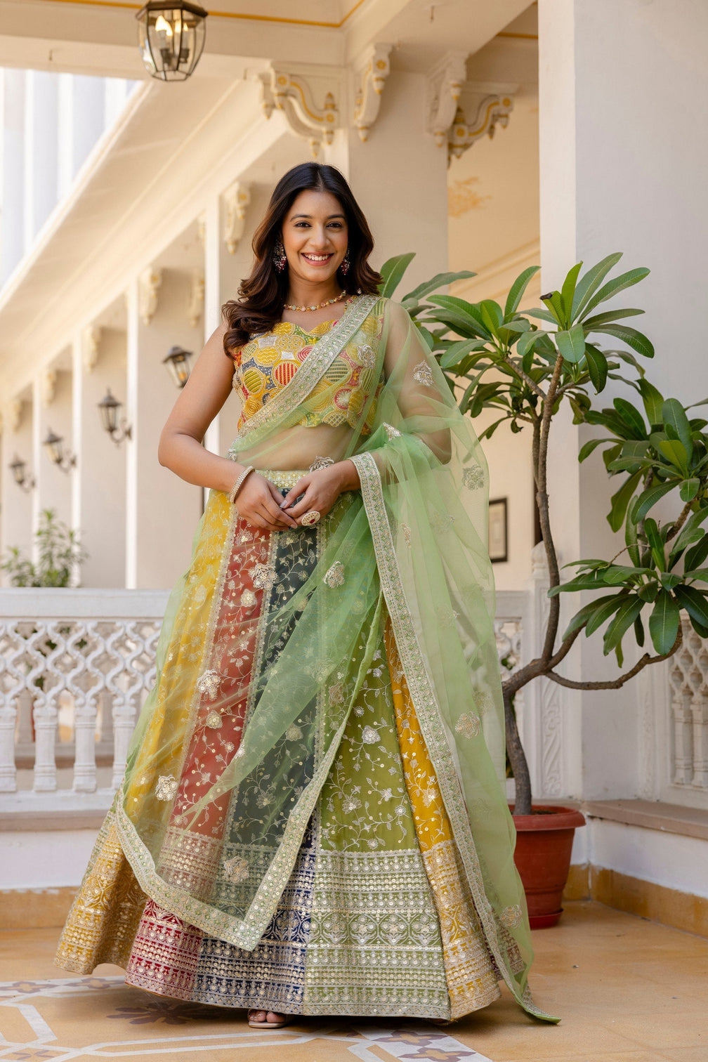 Multi Colour Faux Georgette Sequins Embroidered Lehenga Set with Designer Net Dupatta – Semi-Stitche