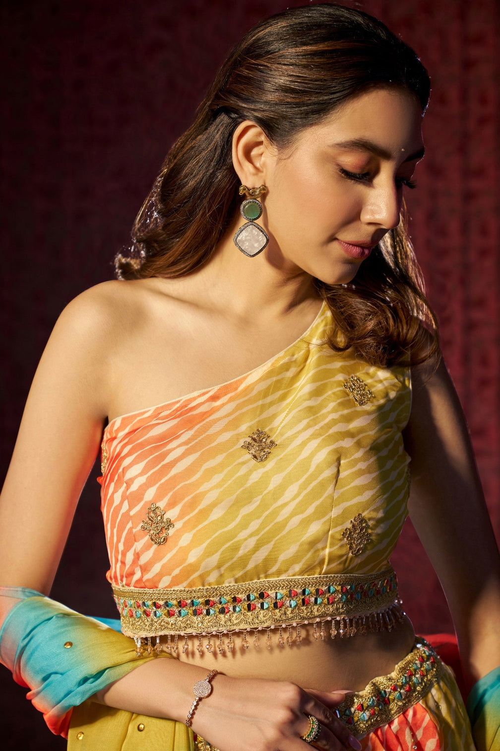 Multi Colour Organza Semi-Stitched Lehenga Choli with Mukaish Work Dupatta & Embroidered Digital Print