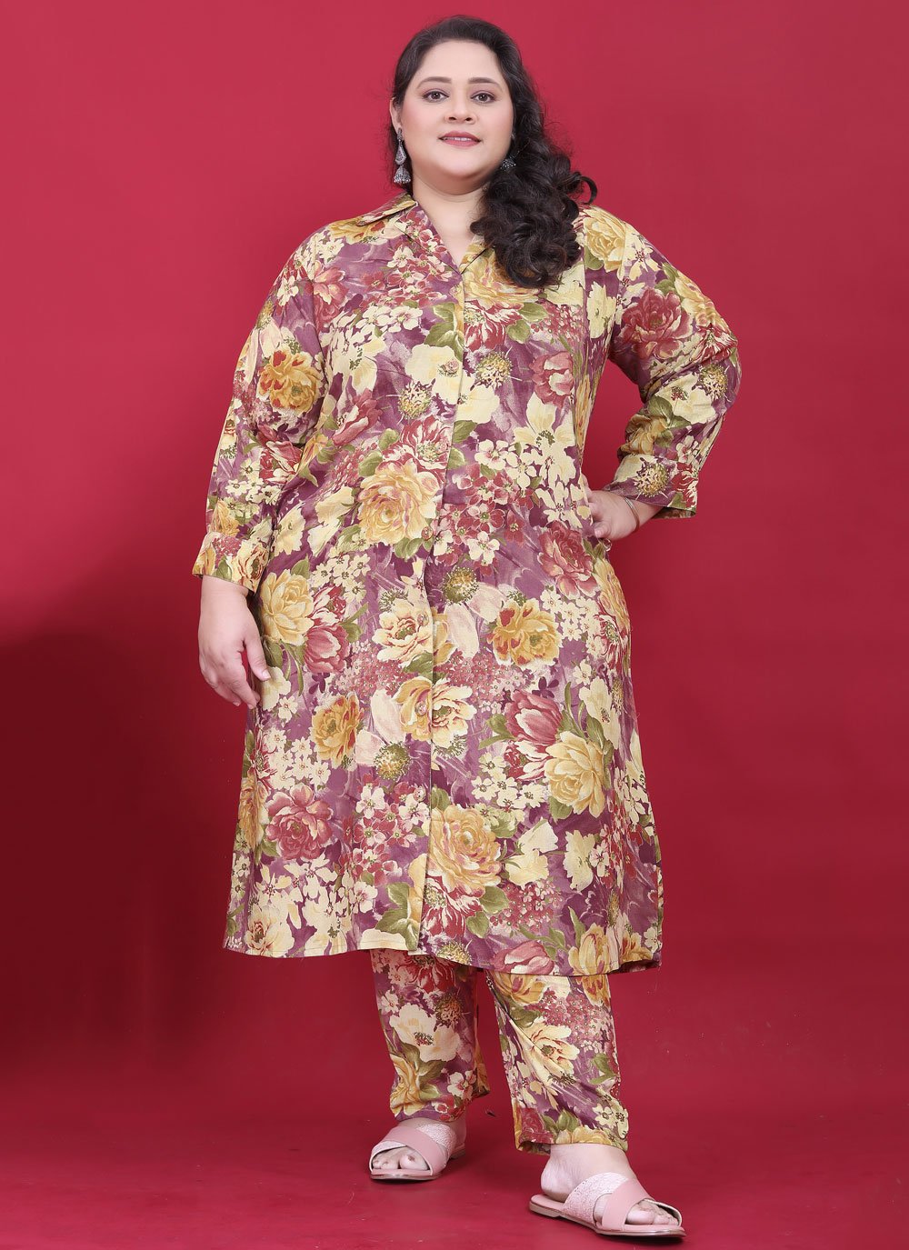 Multicolor plus size printed kurta pant set with pockets premium rayon fabric